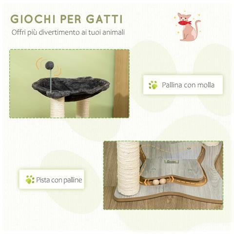 Tiragraffi Per Gatti Con Amaca In Peluche, Base In Legno Con Gioco E Pali In Sisal, 53.55x53.5x66cm, Grigio - Foto 2