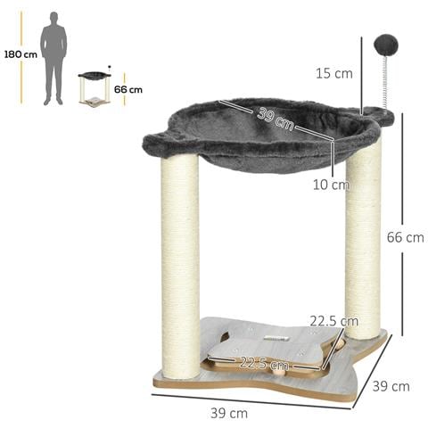 Tiragraffi Per Gatti Con Amaca In Peluche, Base In Legno Con Gioco E Pali In Sisal, 53.55x53.5x66cm, Grigio - Foto 6