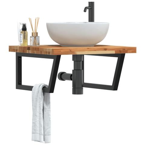 Ripiano A Parete Per Lavabo In Acciaio E Massello Di Acacia - Foto 8