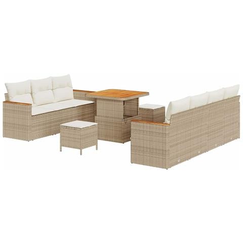 Set di Divani da Giardino da 10 Pezzi con Cuscini Beige Polyrattan Acacia,  Set di Mobili da Pranzo da Giardino da 3 Pezzi con Cuscini Beige Polyrattan Acacia - Foto 1