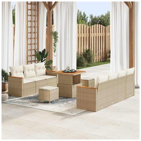 Set di Divani da Giardino da 10 Pezzi con Cuscini Beige Polyrattan Acacia,  Set di Mobili da Pranzo da Giardino da 3 Pezzi con Cuscini Beige Polyrattan Acacia - Foto 2