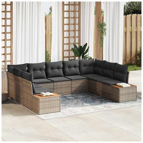 Set divano da giardino 9 pezzi con cuscini Grigio Polyrattan Acacia - Foto 2