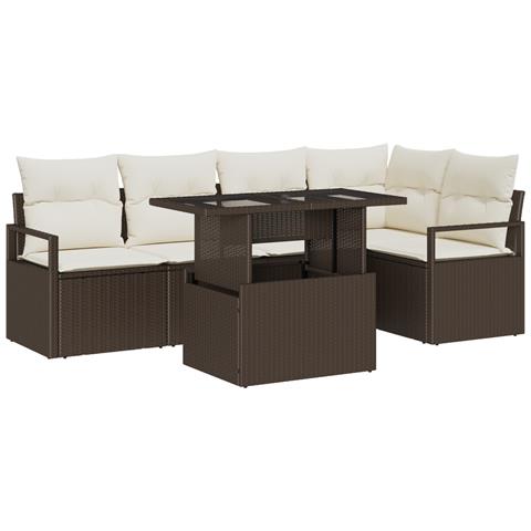 Set Divano da Giardino  da 6 Pezzi con Cuscini Marrone Polyrattan, Divano da Giardino  2 Posti con Cuscini Marrone Polyrattan - Foto 1