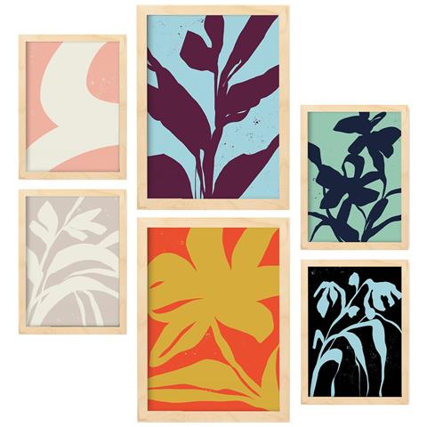 Set Di 6 Stampe Foglie A Strisce In Fiori, Dipinti Decorativi Estetici Astratti Per Il Tuo Soggiorno Di Casa A3 & A4 Telaio In Legno Chiaro - Foto 1