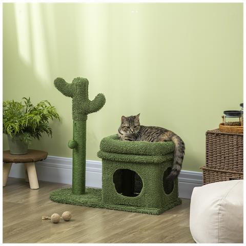 Tiragraffi Per Gatti Con Lettino, Casetta E Palo In Sisal A Forma Di Cactus, 68x30x67cm, Verde - Foto 2