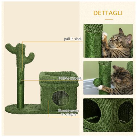 Tiragraffi Per Gatti Con Lettino, Casetta E Palo In Sisal A Forma Di Cactus, 68x30x67cm, Verde - Foto 6
