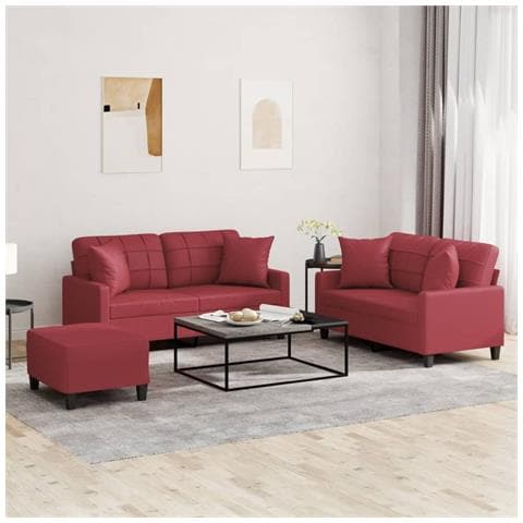 Set di Divani 3 pz con Cuscini Rosso Vino in Similpelle - Foto 2