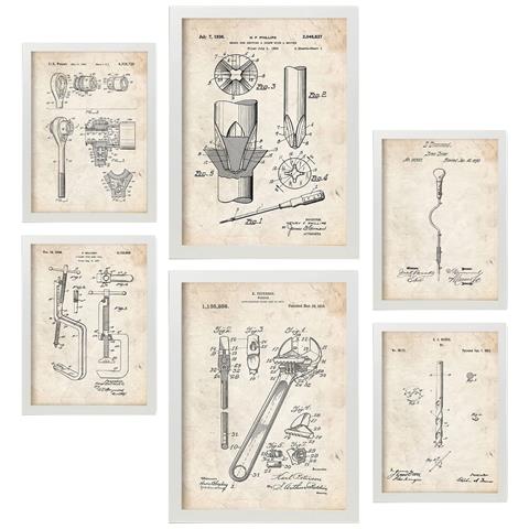 Set Di 6 Stampe Poster Con Attrezzi Da Costruzione 1 Brevetti Poster Con Immagini Di Brevetti Retrò Design D'interni In Stile Vintage A3 & A4 Cornice Bianca - Foto 1