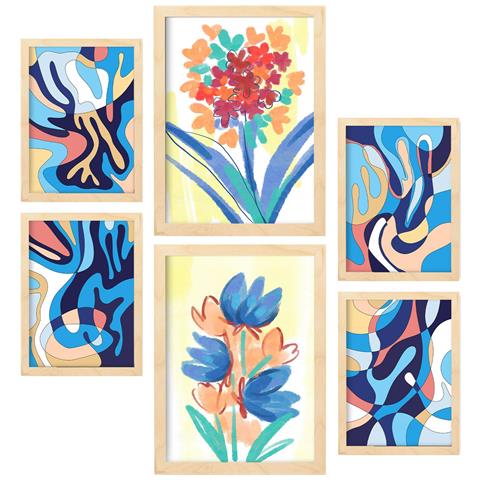 Set Di 6 Stampe Vena Flora In Fiore Dipinti Decorativi Estetici Astratti Per Il Tuo Soggiorno Di Casa A3 & A4 Telaio In Legno Chiaro - Foto 1