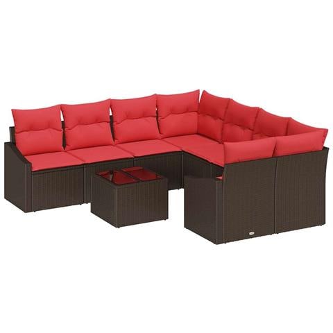 Set di divani 9 pz 3-Numero di posti Marrone e Rosso polyrattan - Foto 1