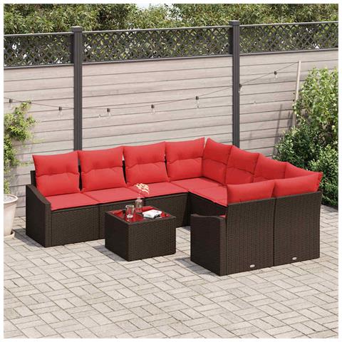Set di divani 9 pz 3-Numero di posti Marrone e Rosso polyrattan - Foto 9