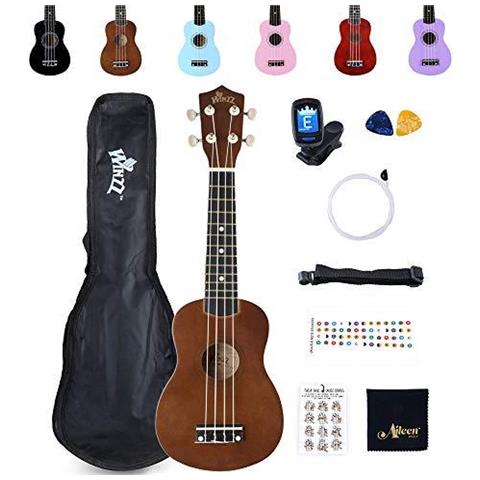 Soprano Ukulele Kit Per Iniziare Con Il Sacchetto Clip-on Tuner Stringhe Aggiuntivi Cinghia Plettro Fret Adesivi Chords Carta Panno Tan Brown - Foto 1