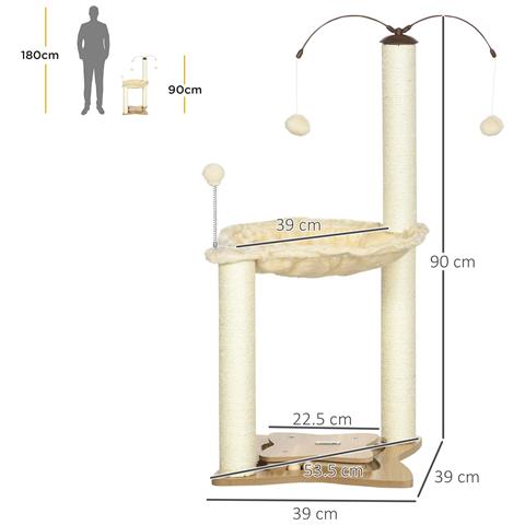 Albero Tiragraffi Per Gatti Max 5kg Con Amaca, Palline Da Gioco E Pali In Sisal, 53.5x53.5x90 Cm, Beige - Foto 6