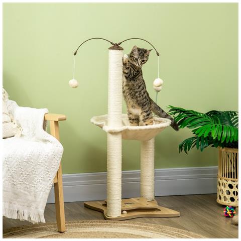 Albero Tiragraffi Per Gatti Max 5kg Con Amaca, Palline Da Gioco E Pali In Sisal, 53.5x53.5x90 Cm, Beige - Foto 2
