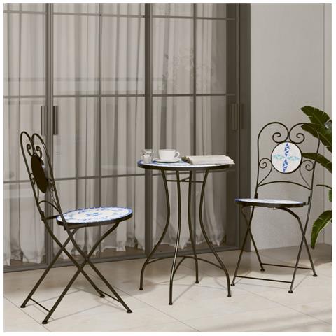 Set Da Bistrot Con Mosaico Blu E Bianco In Ferro E Ceramica - Foto 1