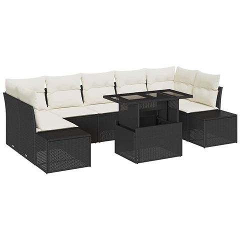 Set di divano da giardino a 8 pezzi con cuscini neri in polyrattan - Foto 1