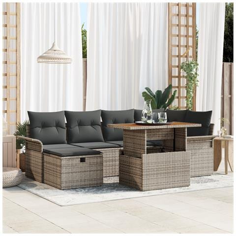 Set di divani da giardino da 7 pezzi con cuscini Grigio Polirattan - Foto 2