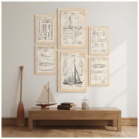 Set Di 6 Stampe Poster Con Brevetti Di Barche Poster Con Immagini Di Brevetti Retrò Design D'interni In Stile Vintage A3 & A4 Telaio In Legno Chiaro - Foto 2