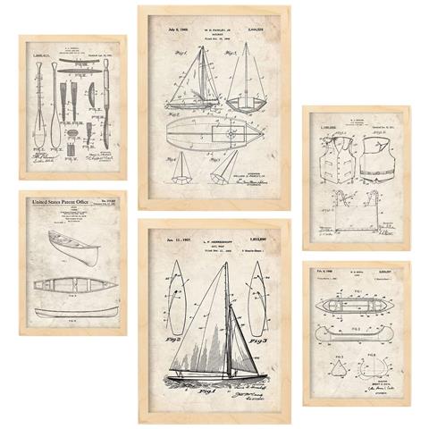 Set Di 6 Stampe Poster Con Brevetti Di Barche Poster Con Immagini Di Brevetti Retrò Design D'interni In Stile Vintage A3 & A4 Telaio In Legno Chiaro - Foto 1