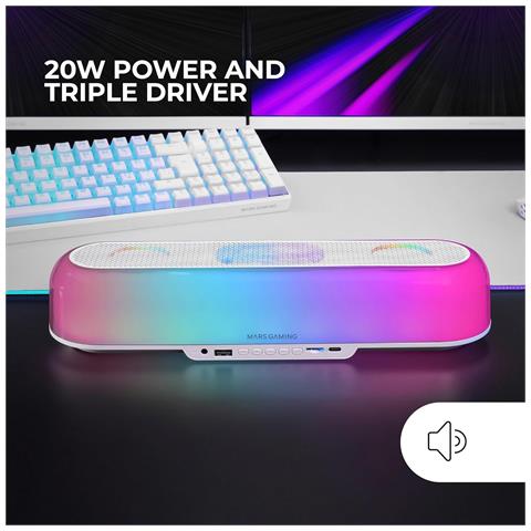 Marsgaming Msb-orb, Altoparlante Portatile Soundbar 20w, Illuminazione Orbilight Rgb 360º, Triplo Driver, Bluetooth 5.3 / Usb/microsd/aux/fm, Bianco - Foto 6