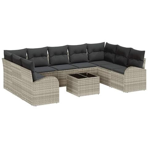 Set Divano da Giardino di 10 Pezzi con Cuscini Grigio in Rattan, Divano da Giardino a 2 Posti con Ripostiglio e Cuscini Grigio Chiaro in Rattan - Foto 1