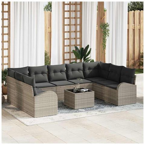 Set Divano da Giardino di 10 Pezzi con Cuscini Grigio in Rattan, Divano da Giardino a 2 Posti con Ripostiglio e Cuscini Grigio Chiaro in Rattan - Foto 2