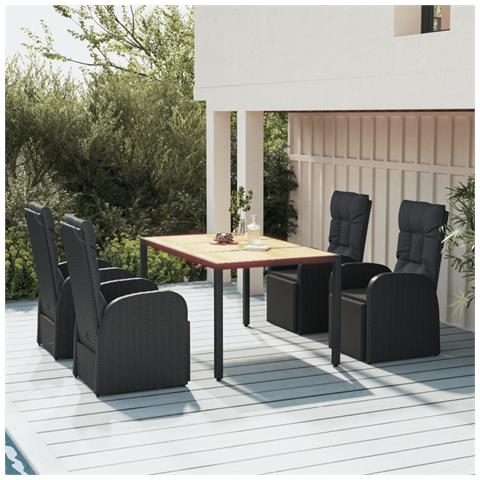 Set Pranzo Giardino 5pz Nero Polyrattan Legno Massello Acacia - Foto 2