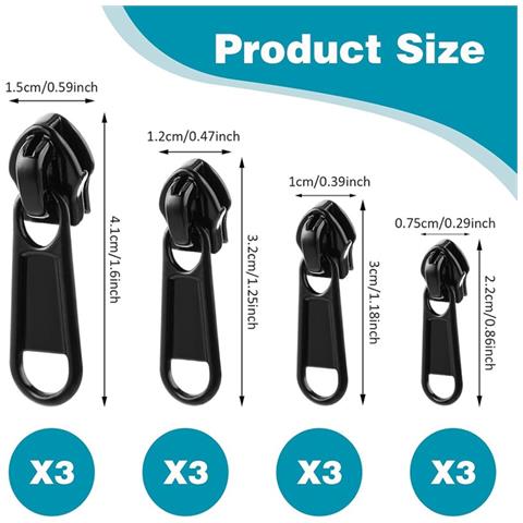 Set Di 12 Cursori Per Cerniere In Nylon Resistenti #3 #5 #8 #10, Sostituzione Del Tirazip In Metallo Black - Foto 2