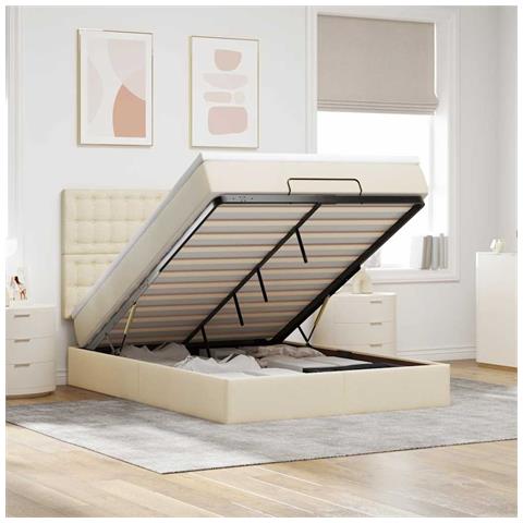 Struttura Letto Pouf con Materasso Crema 140x190 cm in Tessuto - Foto 2
