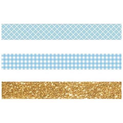 2 Masking Tape A Scacchi Bianco E Blu + Washi Tape Dorato 5 M - Foto 2