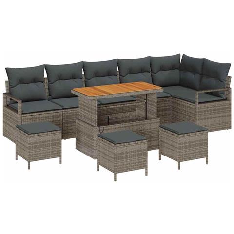 Set da giardino 10 pezzi con cuscini Grigio Polirattan Acacia, Divano da giardino a 2 posti con cuscini Grigio Polirattan, Set da pranzo da giardino 4 pezzi con cuscini Grigio Polirattan Acacia - Foto 1