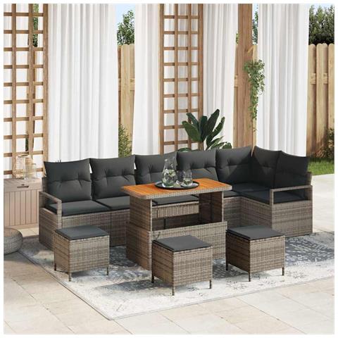 Set da giardino 10 pezzi con cuscini Grigio Polirattan Acacia, Divano da giardino a 2 posti con cuscini Grigio Polirattan, Set da pranzo da giardino 4 pezzi con cuscini Grigio Polirattan Acacia - Foto 2