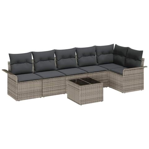 Set di divani da giardino 6 pezzi con cuscini in rattan poliestere nero,  Divano da giardino 2 posti con cuscini e storage in rattan poliestere grigio - Foto 1