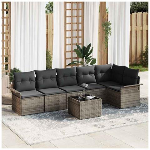 Set di divani da giardino 6 pezzi con cuscini in rattan poliestere nero,  Divano da giardino 2 posti con cuscini e storage in rattan poliestere grigio - Foto 2