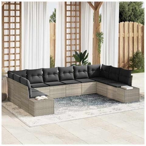 Set di divani da giardino da 10 pezzi con cuscini grigio chiaro in polyrattan - Foto 2