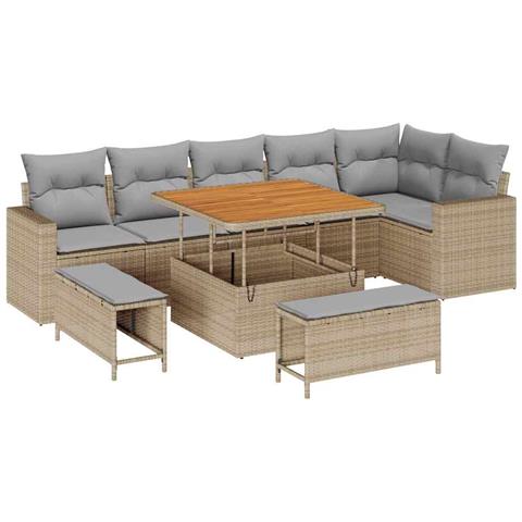 Set di Divano da Giardino a 9 Pezzi con Cuscini Beige Poly Rattan Acacia, Set da Pranzo da Giardino a 3 Pezzi con Cuscini Beige Poly Rattan Acacia - Foto 1