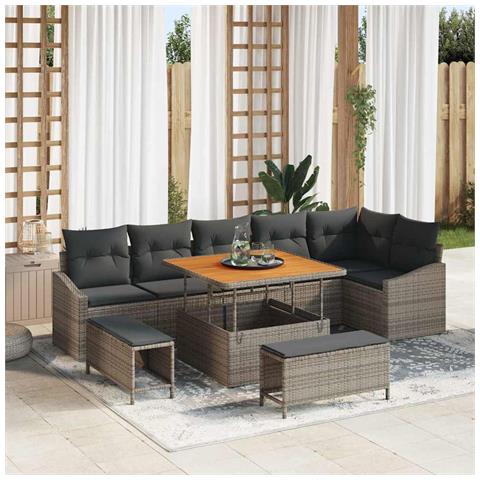 Set Divano da Giardino 9 Pezzi con Cuscini Grigio Polyrattan Acacia,  Divano da Giardino 2 Posti con Cuscini Grigio Polyrattan,  Set da Pranzo da Giardino 3 Pezzi con Cuscini Grigio Polyrattan Acacia - Foto 2