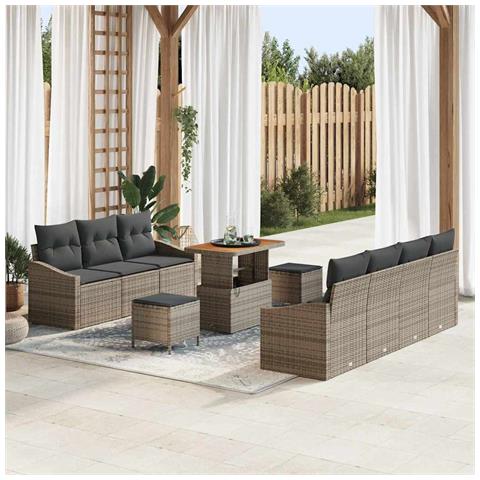 Set divano da giardino di 10 pezzi con cuscini grigio polyrattan acacia,  Divano da giardino per 2 persone con cuscini grigio polyrattan,  Set da pranzo da giardino di 3 pezzi con cuscini grigio polyrattan acacia - Foto 2