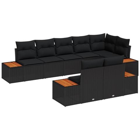 Set da Giardino 8 Pezzi con Cuscini Nero Polyrattan Acacia - Foto 1