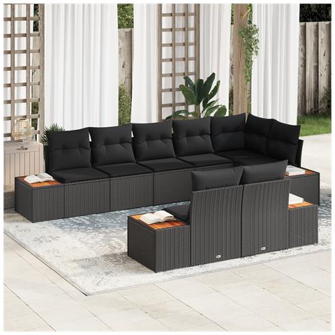 Set da Giardino 8 Pezzi con Cuscini Nero Polyrattan Acacia - Foto 2