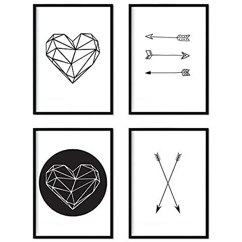 Set Di 4 Stampe Tema Frecce Geometriche E Cuore Bianco & Nero Stampe In Nordico Poster In Scandinavo250 Grammi Di Alta Qualità Senza Cornice A4 - Foto 1