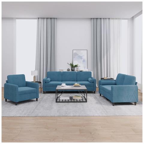 Set di Divani 3 pz con Cuscini Blu in Velluto - Foto 2