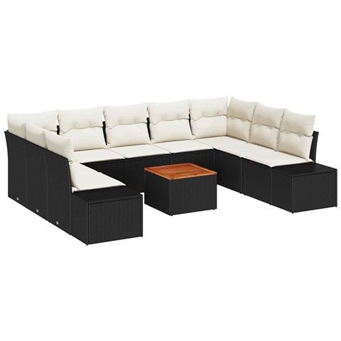 Set da giardino 10 pezzi con cuscini in rattan nero e acacia - Foto 1