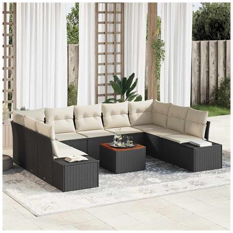 Set da giardino 10 pezzi con cuscini in rattan nero e acacia - Foto 2
