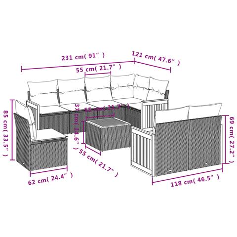 Set Divano da Giardino 9 pz con Cuscini Grigio in Polyrattan - Foto 3