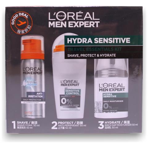 Travel Set L'oreal Paris: Men Expert, Alcohol-free, Hydrating & Regenerating, Day & Night, Cream, For Face, 50 Ml + Men Expert, Alcohol-free, Anti-sweat, Deodorant Roll-on, For Men, 50 Ml + Men Expert, Glycerin, Against Irritation, Shaving Foam, 50 Ml - Foto 1