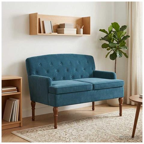 Loveseat con bottoni imbottiti Blu 111 x 65 x 79 cm Velluto - Foto 2