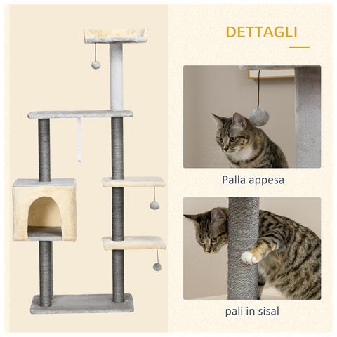 Tiragraffi Per Gatti Alto 156cm Con Lettino, Casetta E Pali Tiragraffi In Sisal - Foto 2