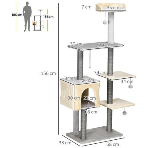 Tiragraffi Per Gatti Alto 156cm Con Lettino, Casetta E Pali Tiragraffi In Sisal - Foto 6