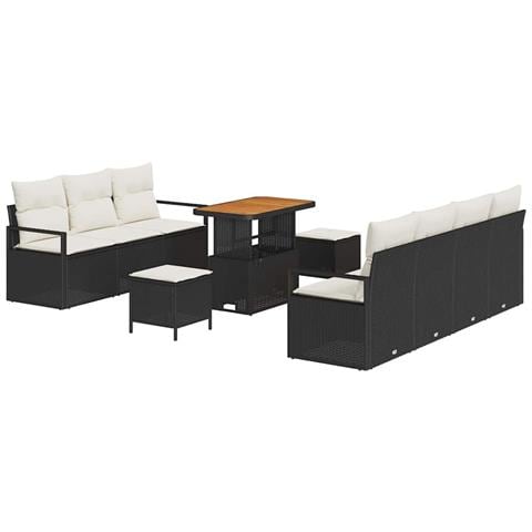Set da giardino 10 pezzi con cuscini polyrattan nero acacia, Divano da giardino 2 posti con cuscini polyrattan nero, Set da pranzo per giardino 3 pezzi con cuscini polyrattan nero acacia - Foto 1